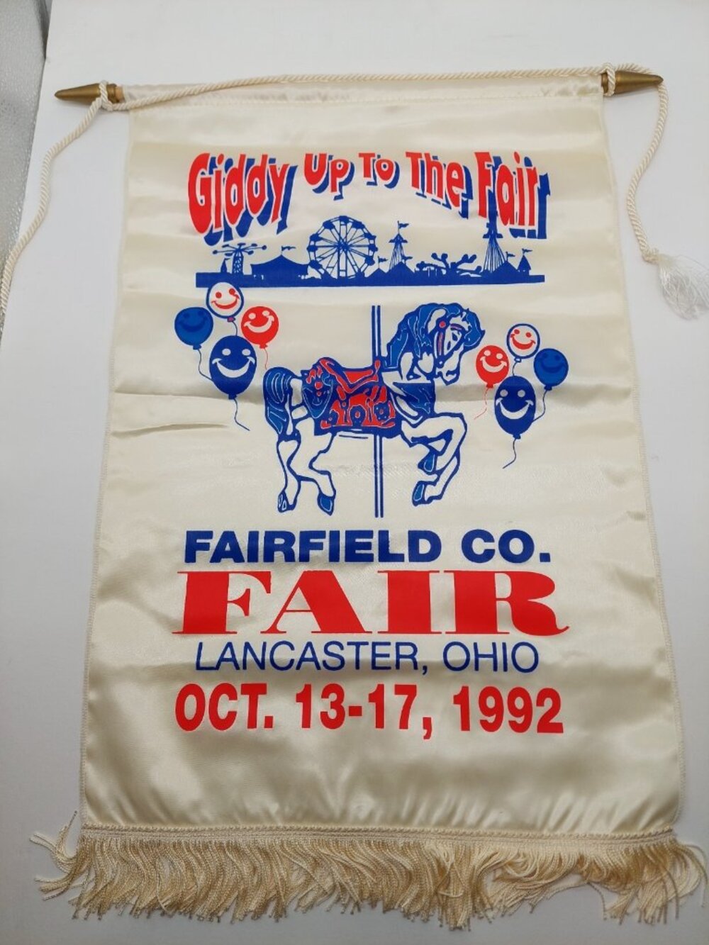 Ohio Fairfield Co Fair Sign Cloth Fringe Carousel Horse 1992 READ Giddy Up